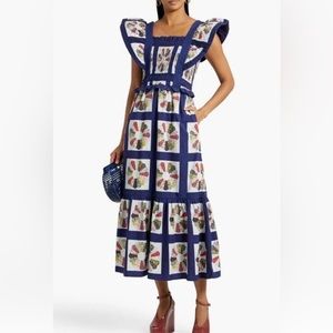 SEA NY PIPPIN SMOCKED PATCHWORK-MAXI APRON DRESS IN BLUE MULTI Sz 2 NWT